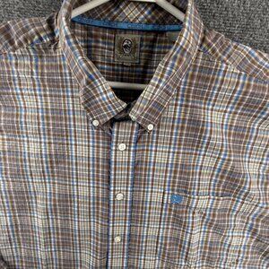 Cinch Blue Brown Button-Down Plaid 2XL Cotton Pocket Long Sleeve Mens Shirt